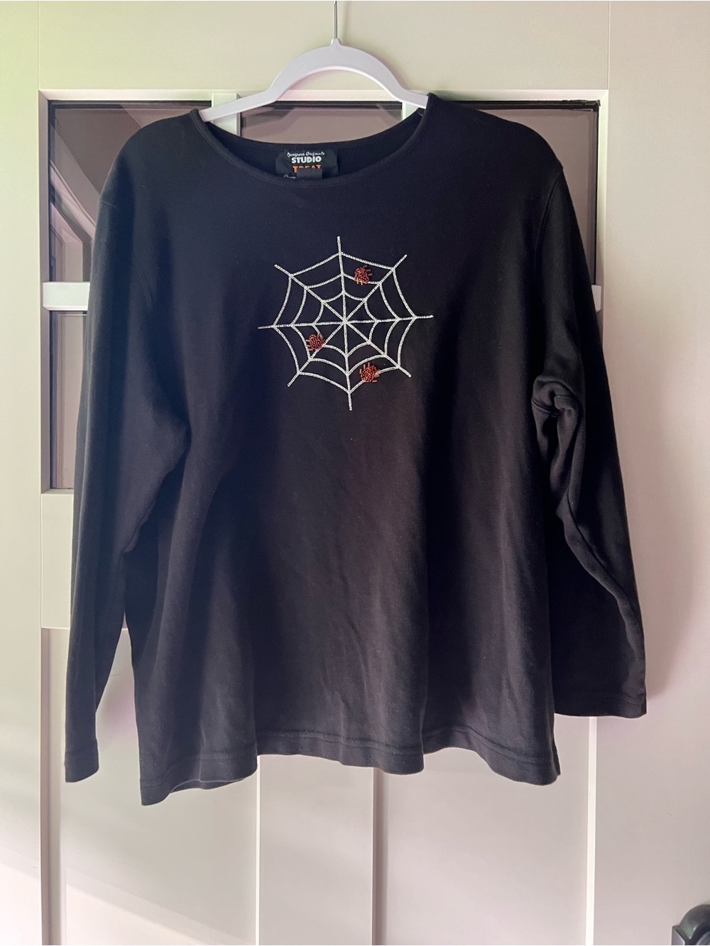 Women’s Black Long-Sleeve Tee with White Spiderweb and Beaded Orange Spiders